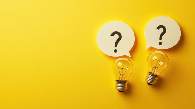 Creative ideas for problem solving using light bulbs and question marks on a bright yellow background Generative AI