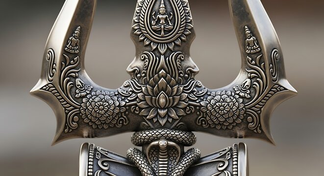 Detailed metal trishula with hindu deity carving and cobra design