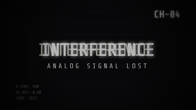 Analog signal loss, glitchy screen with interference message, error codes display, seamless loop, symbolizing technology failure and communication disruption