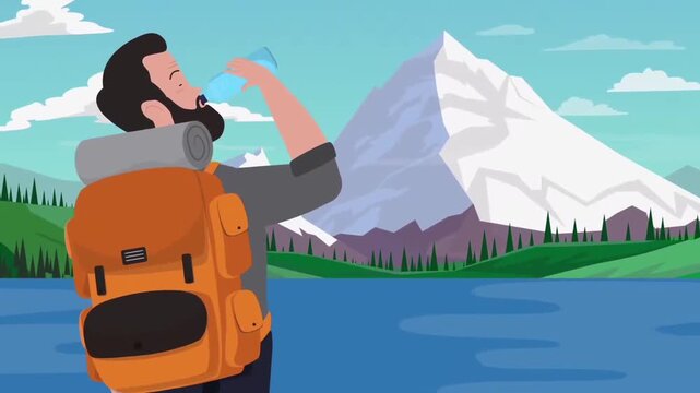 Animated Male Backpacker Drinking Water Against a Scenic Mountain Lake Background, Hiking Concept