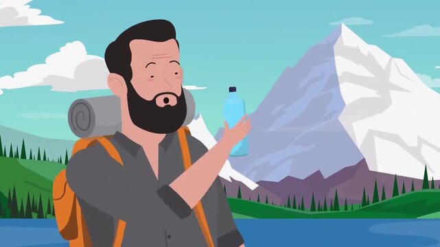 2D Animated Male Hiker Holding a Water Bottle in Front of Majestic Mountains and Pine Trees Landscape