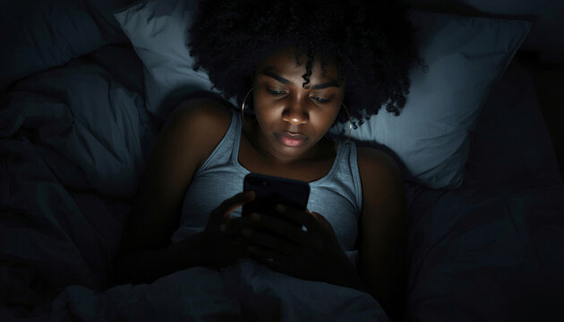 Black young woman with a worried expression uses her mobile phone at night in bed, reading a text message with bad news, experiencing stress and sadness at home