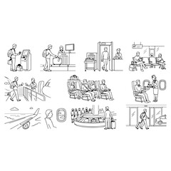 Obraz premium Airport passenger journey line art icons set
