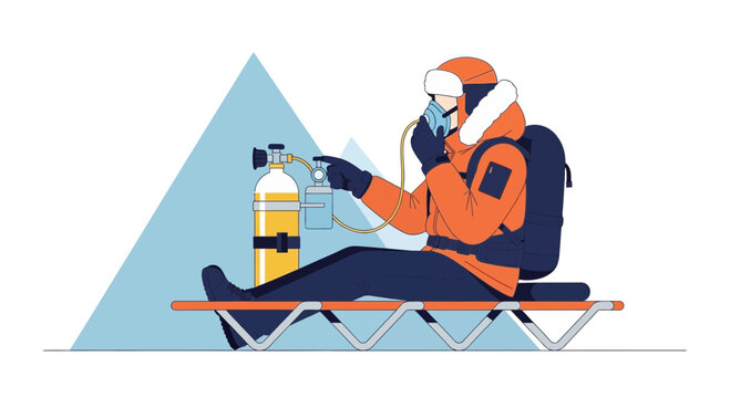 Mountaineer in Orange Gear Receives Oxygen Therapy on Sled with Mountain Background