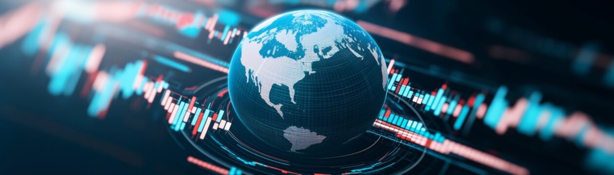 Image A glowing, vertical, egg-shapedellipsoidal globe (showing the Americas) centered in the frame. It's surrounded by digital, data-like streaks, glowing lines and candlestick-style