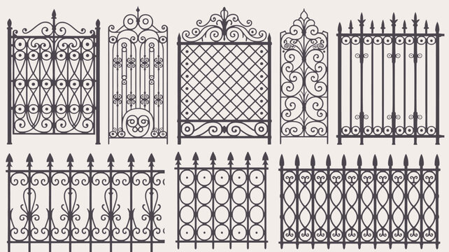 Elegant black wrought iron gate and fence designs with intricate patterns . Vector illustration.