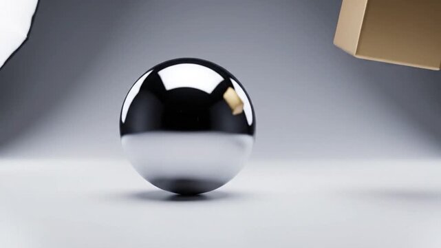 Polished chrome sphere on white floor in photography studio.