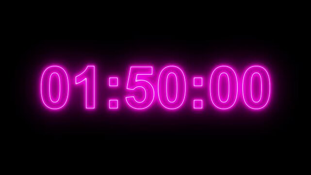 Neon sign 2 minute timer countdown animation, countdown timer two minute animation from 120 to 0 countdown Two minute countdown timer animation on transparent background. 4k
