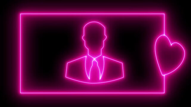 Man icon animation with neon valentines love heart icon in rectangle frame. Valentine's Day neon sign. Dating and relationships concept love.