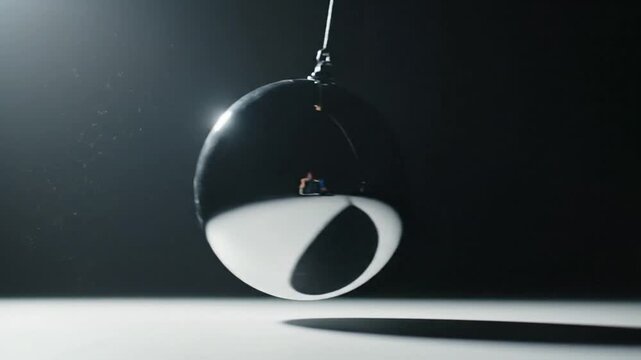 Polished chrome sphere hanging in a dark studio.