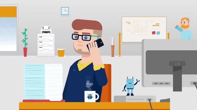 Animated Office Employee Answering a Business Phone Call at Desk, Corporate Workflow and Workspace Concept