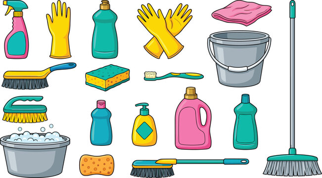 Cartoon house cleaning tools vector collection featuring a broom, buckets with soapy foam, sponges, spray bottles, and rubber gloves isolated on white background.