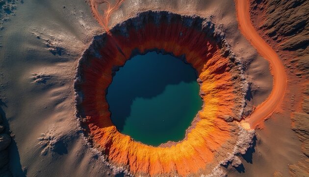 Drone aerial view of volcanic crater lake with vibrant mineral deposits on rim. Earth formations create abstract patterns on barren land, showing geological texture and remote wilderness.