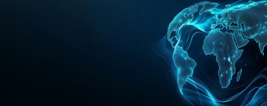 Input An image of a digitalholographic world map. Requirements Include composition details (rule of thirds, side placement, dark background, etc.). Include image details (glowing blue,