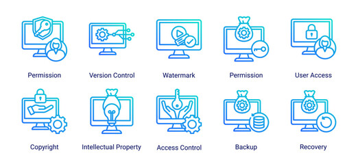 Fototapeta premium Access Control icon set featuring permissions,security,rights protection,and recovery solutions for safeguarding digital assets.