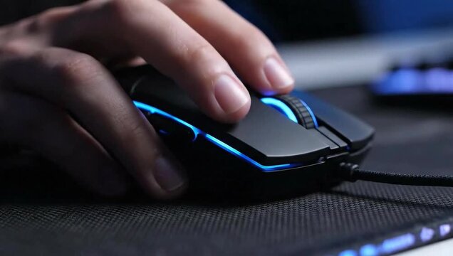 Close-up view of a human hand using a black gaming mouse with blue LED lighting on a textured surface, showcasing ergonomic design and RGB illumination in a dark room.