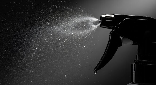 Black spray bottle nozzle spraying water droplets on dark background