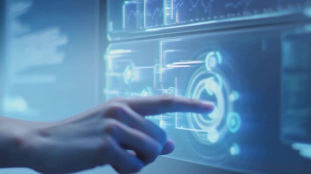 Slow motion tracking shot of hand tapping holographic interface in futuristic control room with blue glowing lights