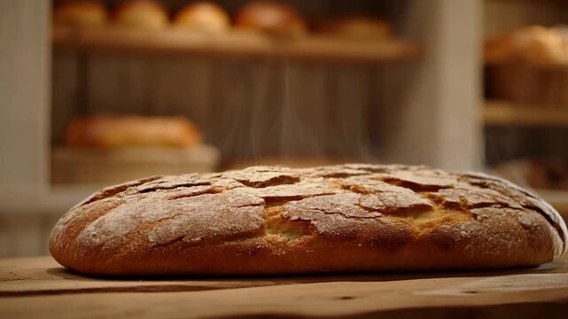 Static shot of loaf of bread cooling and steaming on wooden counter in rustic bakery with shelves of loaves in background