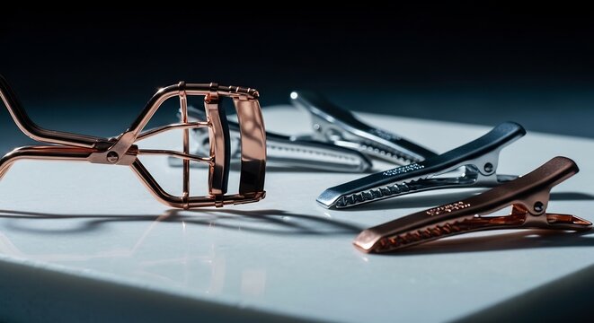 Eyelash curlers and clips on a reflective surface
