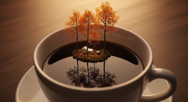 Tiny house and autumn trees on a small island inside a coffee cup