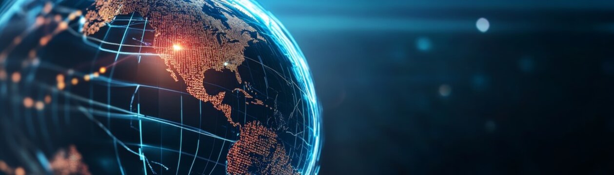 Input An image showing a futuristic, glowing digital globe (Earth) with North and South America visible through golden lightdots. The background is dark blueblack with light streaks
