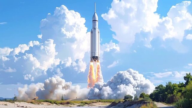 A powerful rocket launches into the bright blue summer sky