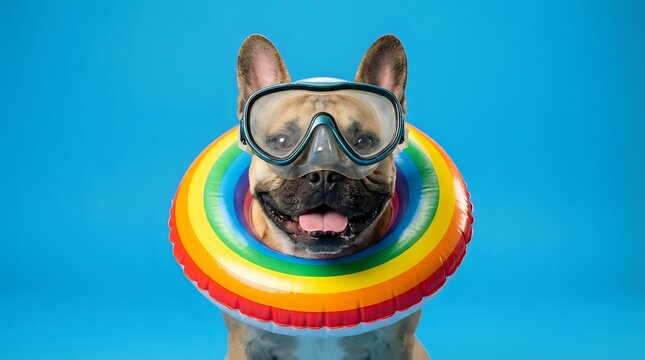 Funny French Bulldog wearing oversized goggles and colorful rainbow float ring against bright blue background, perfect for pet humor and animal comedy content.