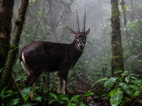 Rare saola looking at camera in a misty dense rainforest, endangered Asian antelope isolated on transparent background for design work.