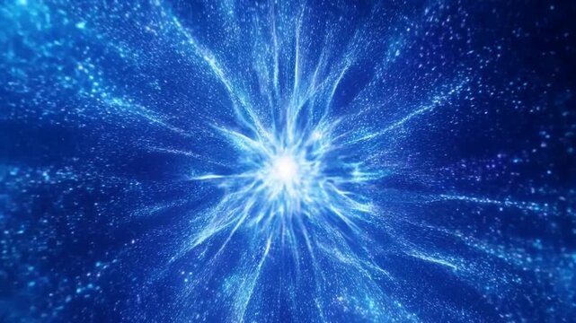 Slow motion zoom tracking of glowing particle vortex radiating from central star core in deep space nebula