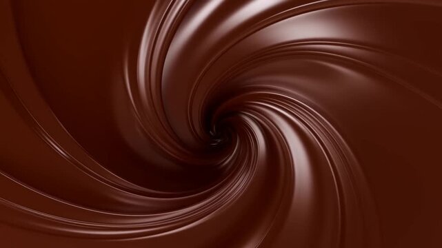 Slow motion close up spiral of swirling melted chocolate pouring into bowl on studio kitchen tabletop macro setup