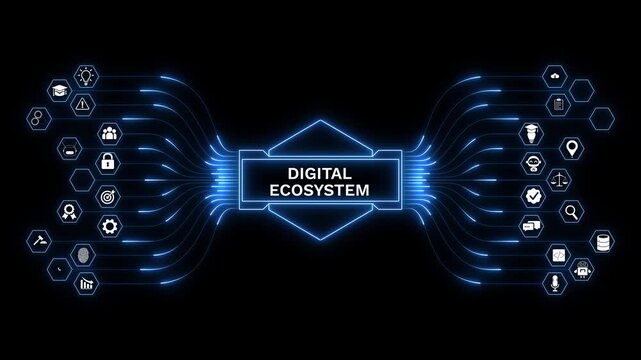Enterprise integration dashboard with digital ecosystem interface, secure platform connectivity monitoring, system integration, cloud technology, and enterprise analytics.