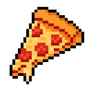 Retro pixel art illustration of a single slice of pizza with melting cheese and crust. 8-bit or 16-bit