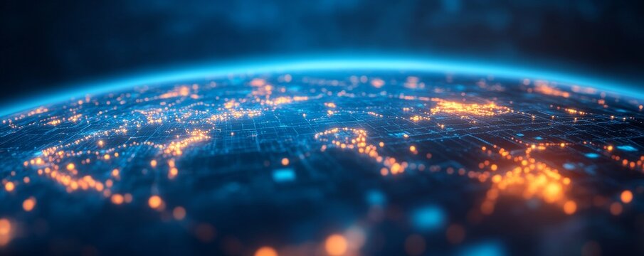 Input image A digitalabstract representation of a globe or planet. Features glowing orange lights (representing cities or data points) on a dark bluecyan surface with a grid-like
