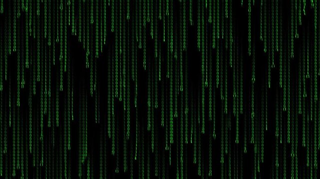Slow motion vertical pan of falling green code streaming across black digital background interface