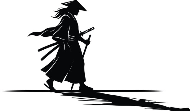 Traditional japanese samurai walking with katana sword silhouette vector
