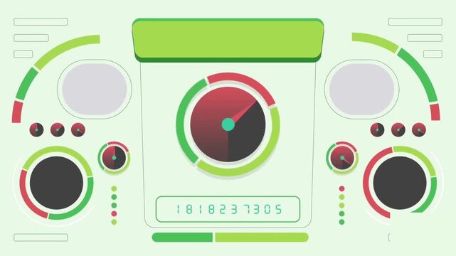 Animated High Tech Control Dashboard with Gauges Speedometer and Green Indicators, Future Industry Concept