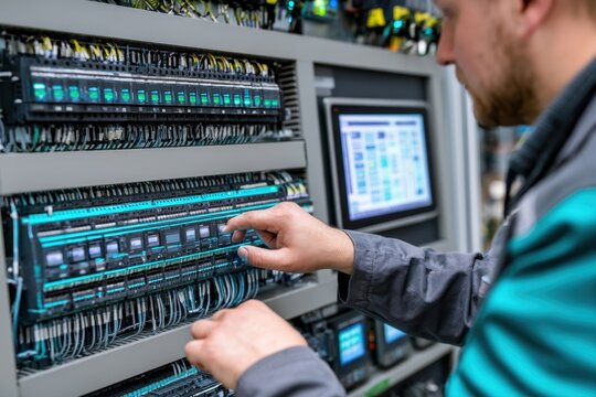Side view close up of a male industrial technician operating a complex server control panel with wires switches and indicator lights inside a modern factory facility or automated server room