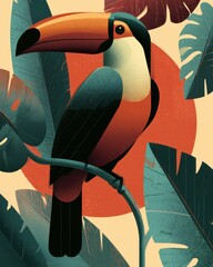 Obraz premium Colorful style illustration of a tropical toucan bird sitting calmly on a branch surrounded by dark green jungle leaves and a large glowing red sun background in retro flat design