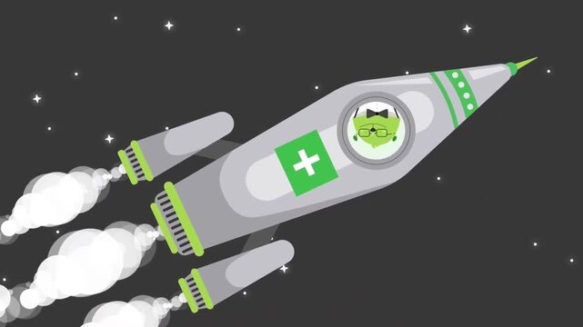 2D Animated Green Eco Rocket Launching into Space, Startup Innovation and Green Energy Technology Launch