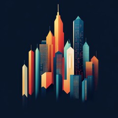 Obraz premium Subject A stylized, minimalist city skylineskyscrapers. Composition Vertical arrangement of various skyscrapers of different heights and shapes, centered against a dark background.