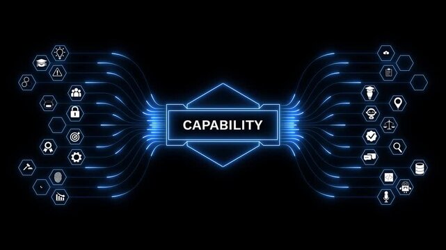 Business capability interface dashboard with corporate performance analytics, operational management system, secure monitoring, and advanced digital technology.