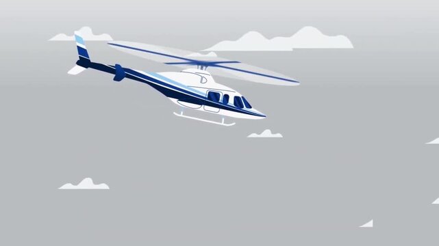 Animated Transport Helicopter Flying Through Grey Rainy Clouds, Aviation Rescue and Logistics Concept