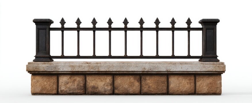 Rusty iron fence and brown sandstone block on white featuring a rugged stone texture for design.