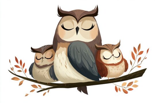 A mama owl sits on a branch with two baby owlets beside her, all looking peaceful in a friendly style. The scene shows a warm and fun atmosphere.