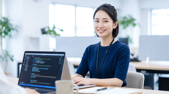 オフィスでパソコンに向かいプログラミングや開発業務をする女性システムエンジニア・SE