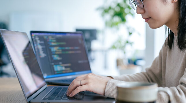オフィスでパソコンに向かいプログラミングや開発業務をする女性システムエンジニア・SE