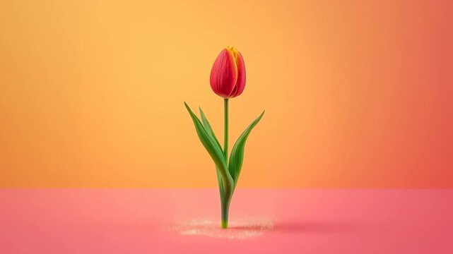 Light bulb with pink tulip flower emerging, glowing softly, showcasing a vibrant transition from a solid base to a blossoming floral centerpiece against a colorful gradient background