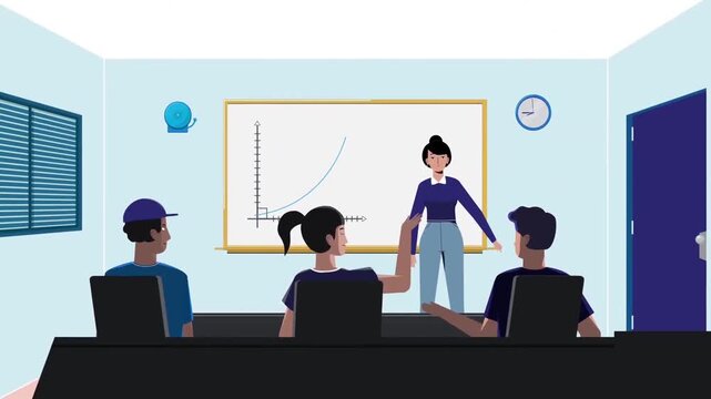 2D Animation of a Student Raising a Hand in a University Lecture, Interactive Classroom Education Concept