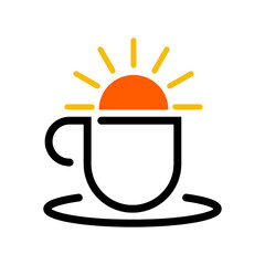 Logo cafetería. Dibujo minimalista con líneas de una taza de café con su platillo con un sol naciente © teracreonte